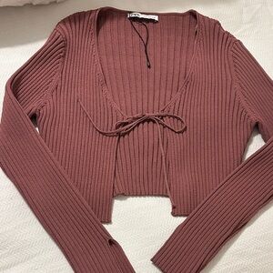 Zara Dusty Rose Ribbed Cardigan with Tie